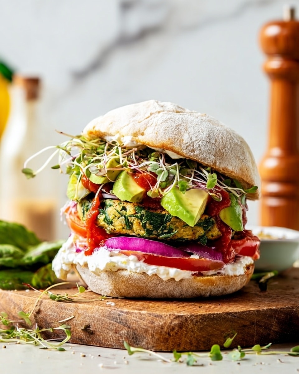 A thick sandwich on a white textured round bun sits on a wooden board with scattered green sprouts around it. The bottom bun layer is spread with white creamy cheese, topped with bright red tomato slices, and thin purple onion rings. Above that is a thick green spinach patty with a smooth texture, drizzled with red hot sauce. Next, there are a few slices of fresh avocado with a smooth light green color, and a layer of mixed green sprouts with tiny leaves on top. The sandwich is topped with the upper white bun spread with a creamy white sauce. The background shows a white marbled surface with blurred condiments like a bottle and a pepper grinder behind. Photo taken with an iphone --ar 4:5 --v 7