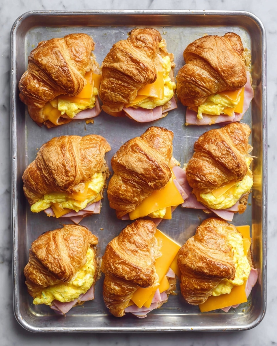 Eight croissant sandwiches are placed on a silver baking tray with a white marbled surface beneath. Each sandwich has three visible layers: the top layer is a golden-brown, flaky, and slightly crisp croissant with curved edges. Underneath the croissant sits a layer of bright yellow scrambled eggs that look soft and fluffy, followed by a slice of orange cheddar cheese that slightly melts and drapes over a layer of thin, pink ham. The sandwiches are arranged neatly in two columns and four rows, showing some egg and cheese peeking out from the sides. Photo taken with an iphone --ar 4:5 --v 7