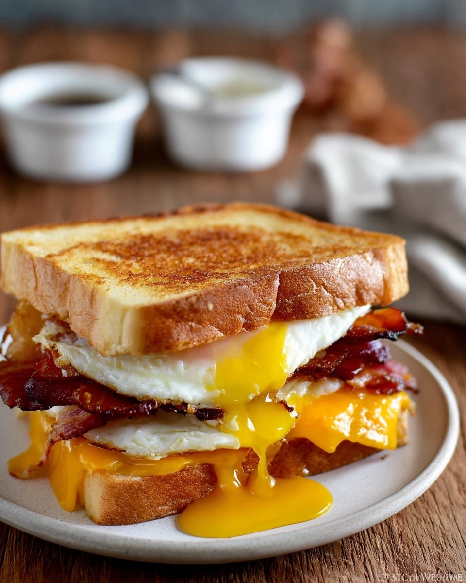 A sandwich on a white plate with two thick slices of toasted golden brown bread. Between the slices, there is a cooked egg with white edges and a bright yellow yolk that is slightly runny and dripping down the side. On top of the egg, there are layers of melted orange cheddar cheese and crispy reddish-brown bacon. The sandwich is placed on a wooden surface with two small white bowls blurred in the background. photo taken with an iphone --ar 4:5 --v 7