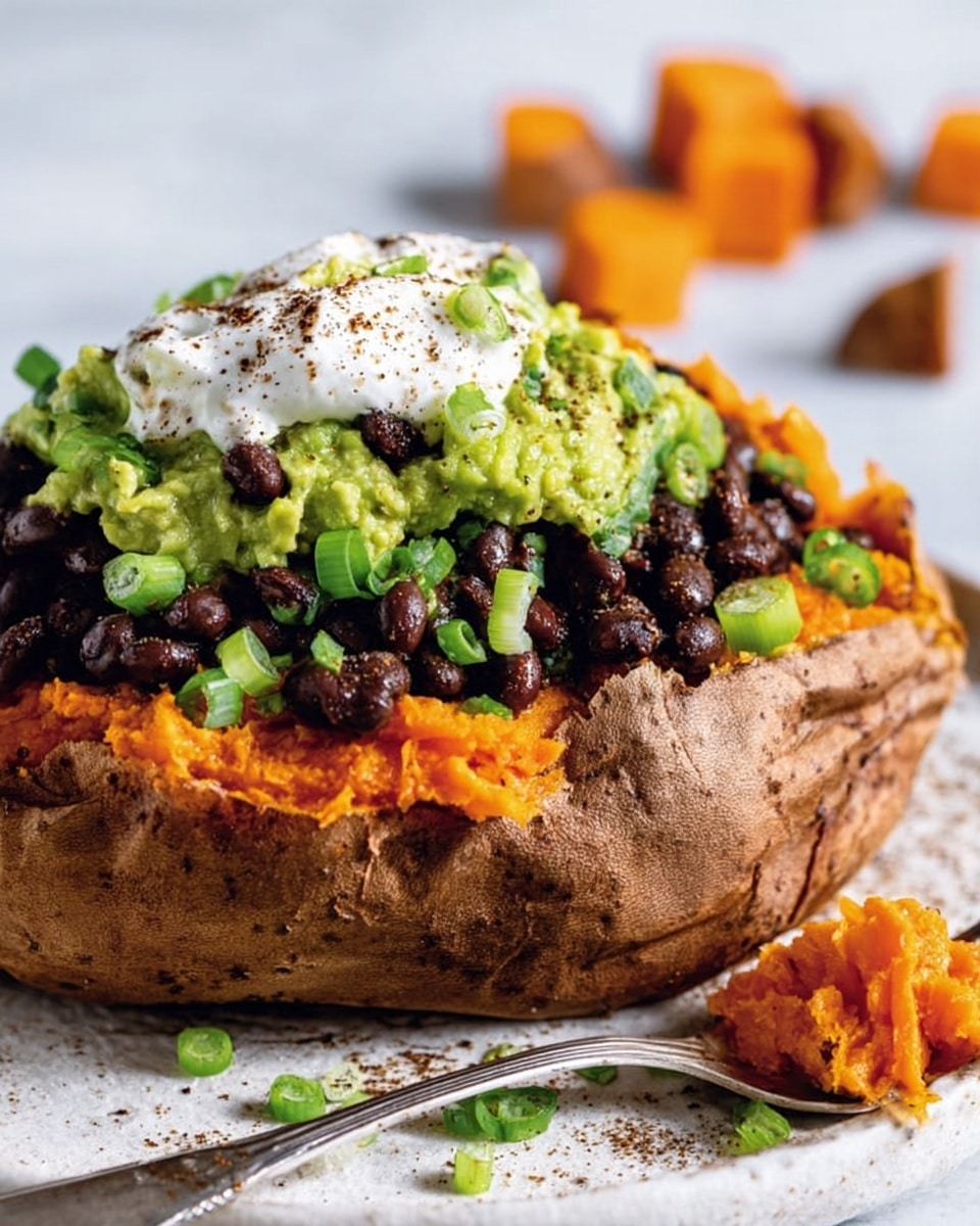 The image shows a baked sweet potato with the skin slightly peeled back, revealing bright orange soft flesh inside. On top, there is a layer of green guacamole with a chunky texture and black beans scattered evenly. A dollop of white sour cream sits on the green layer, sprinkled with brown spices. Small chopped green onions are sprinkled around the guacamole and beans. The potato is placed on a white plate, resting on a white marbled surface. A fork holding some orange sweet potato flesh is on the plate beside it. Photo taken with an iphone --ar 4:5 --v 7