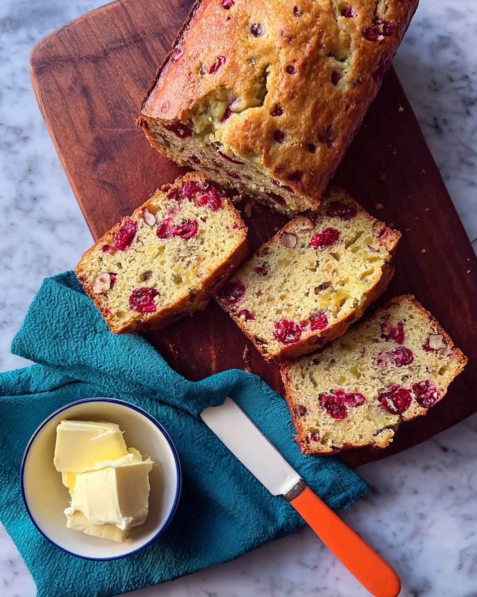A rectangular loaf of golden-brown cake with bright red berries visible on top and scattered inside, sliced into pieces showing a soft, moist texture with embedded berries and nuts. The slices and remaining loaf rest on a dark wooden board placed on a white marbled surface. To the right of the board, there is a small white bowl with a blue rim holding two slices of pale yellow butter. A teal cloth napkin sits beneath the bowl with a butter knife featuring a white blade and a bright orange handle resting on top. Photo taken with an iphone --ar 4:5 --v 7