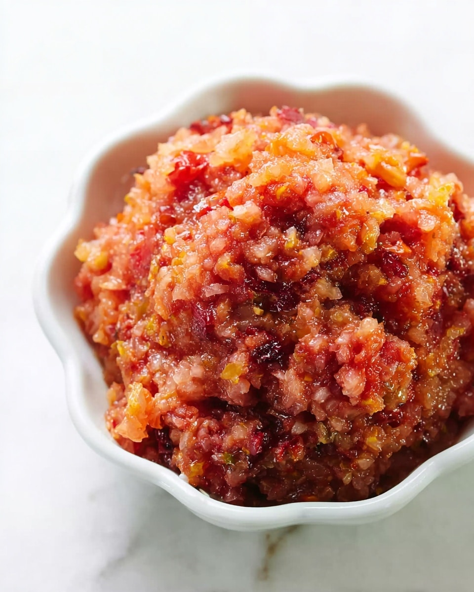 The image shows a close-up of a mound of finely chopped and mixed reddish fruit or vegetable pieces, with a texture that looks soft and juicy. The mixture contains various shades of red, pink, and a little bit of orange and yellow, giving it a colorful and slightly translucent appearance. The pieces are piled high in a white bowl, with some liquid pooling at the base. The white marbled surface can be seen faintly around the bowl. The image has a soft focus on the edges and sharp details in the center, making the texture very clear. photo taken with an iphone --ar 4:5 --v 7