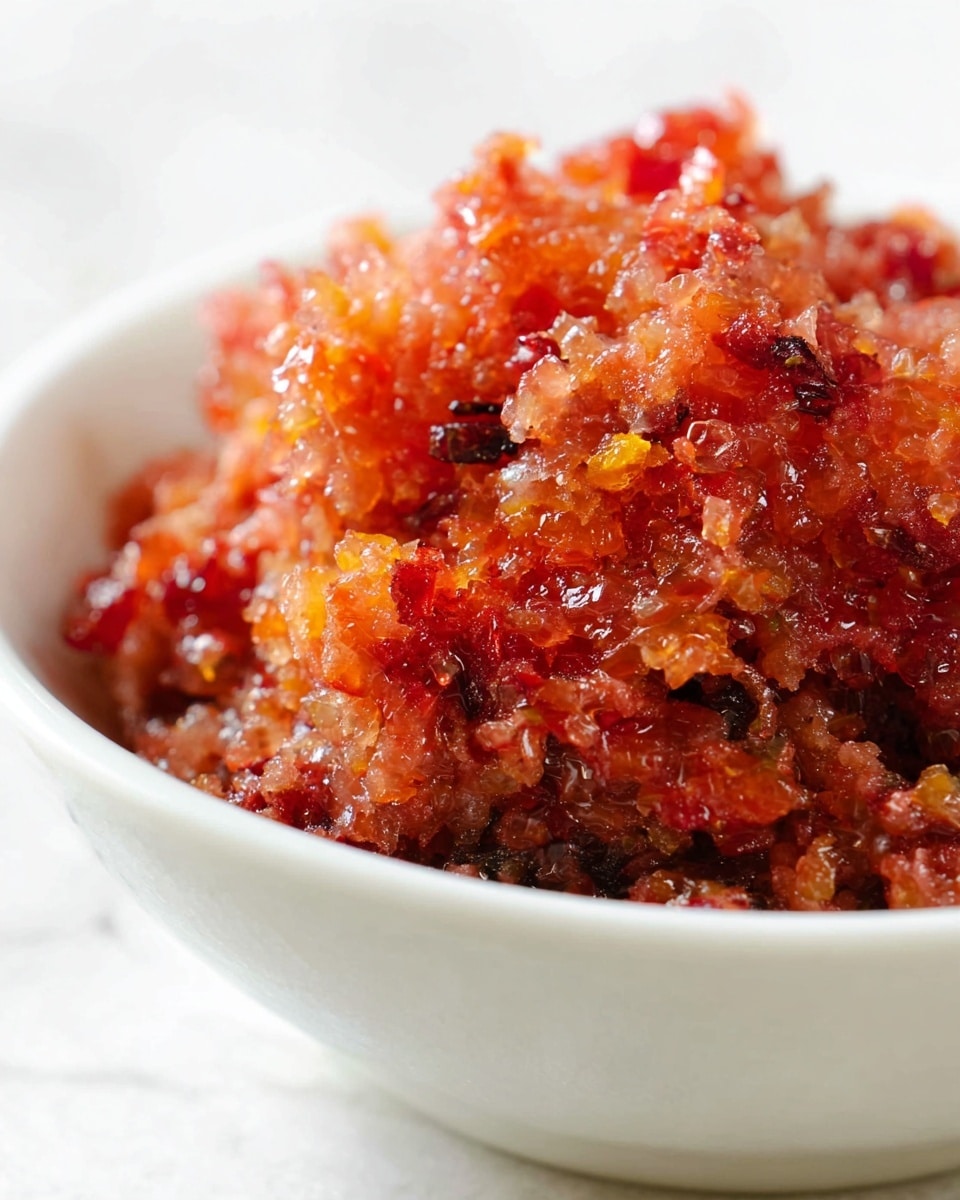 A close-up view of a mound of chunky, mixed salsa placed inside a small white bowl with a scalloped edge. The salsa has a mix of reddish, orange, and light pink colors, showing a moist and slightly glossy texture with visible pieces of tomato and other ingredients. The bowl sits on a white marbled surface that gives a clean and bright background to the colorful salsa. photo taken with an iphone --ar 4:5 --v 7