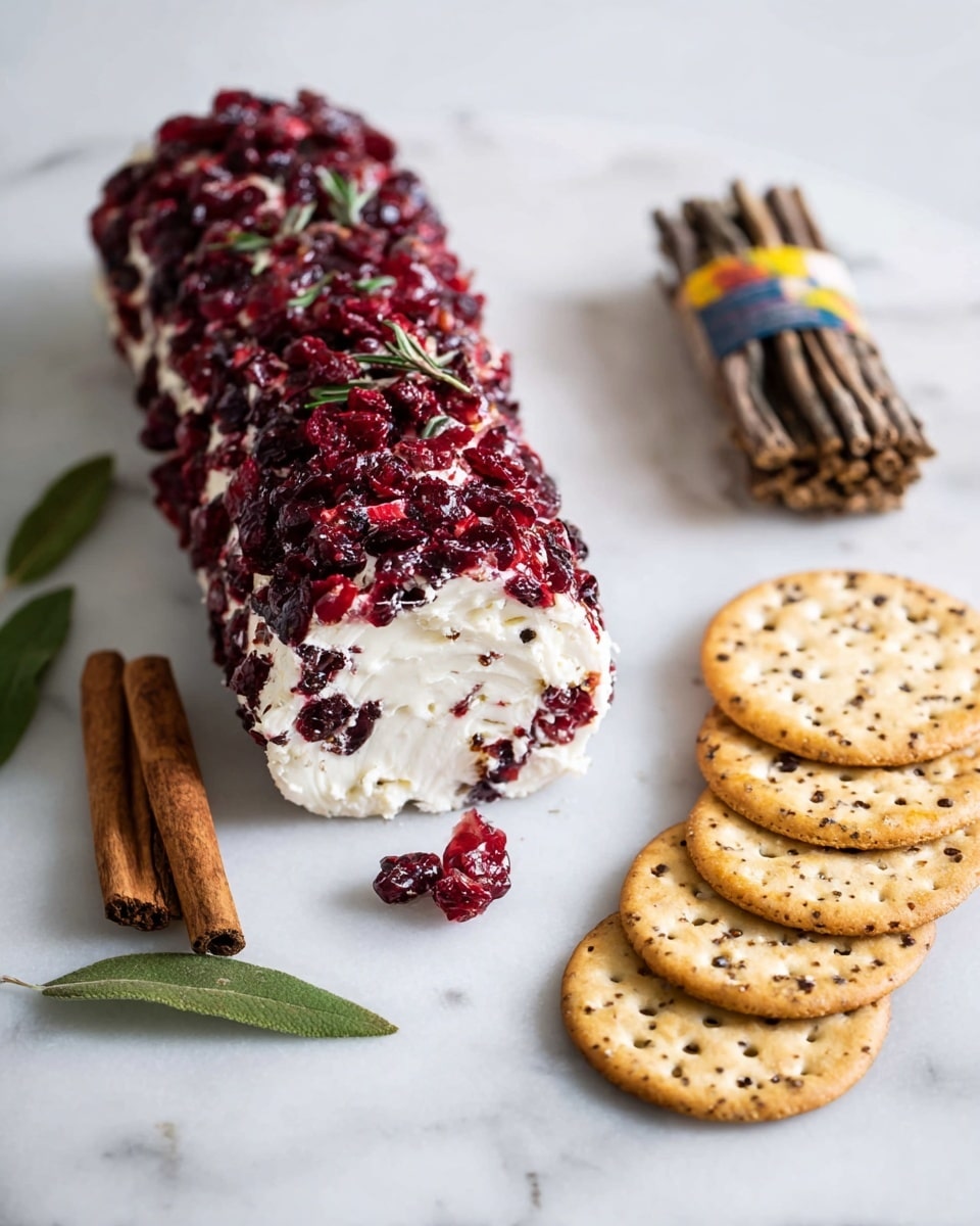 A white creamy cheese log is in the center, covered fully with dark red whole dried cranberries creating a bumpy texture. The cheese looks smooth and soft inside where it is bitten. To the right, a row of seven light brown round crackers with dark seeds is placed side by side on a white marbled surface. Two cinnamon sticks lie next to the crackers and the cheese log. On the left side under the cheese log, two small green leaves rest on the white marbled surface. In the background, two colorful blue, yellow, and white bags with red cranberries printed on them are out of focus. A wooden spreader with a dark brown color lies below the crackers, and a tightly wrapped small bundle of twigs and bark is behind the cheese log photo taken with an iphone --ar 4:5 --v 7
