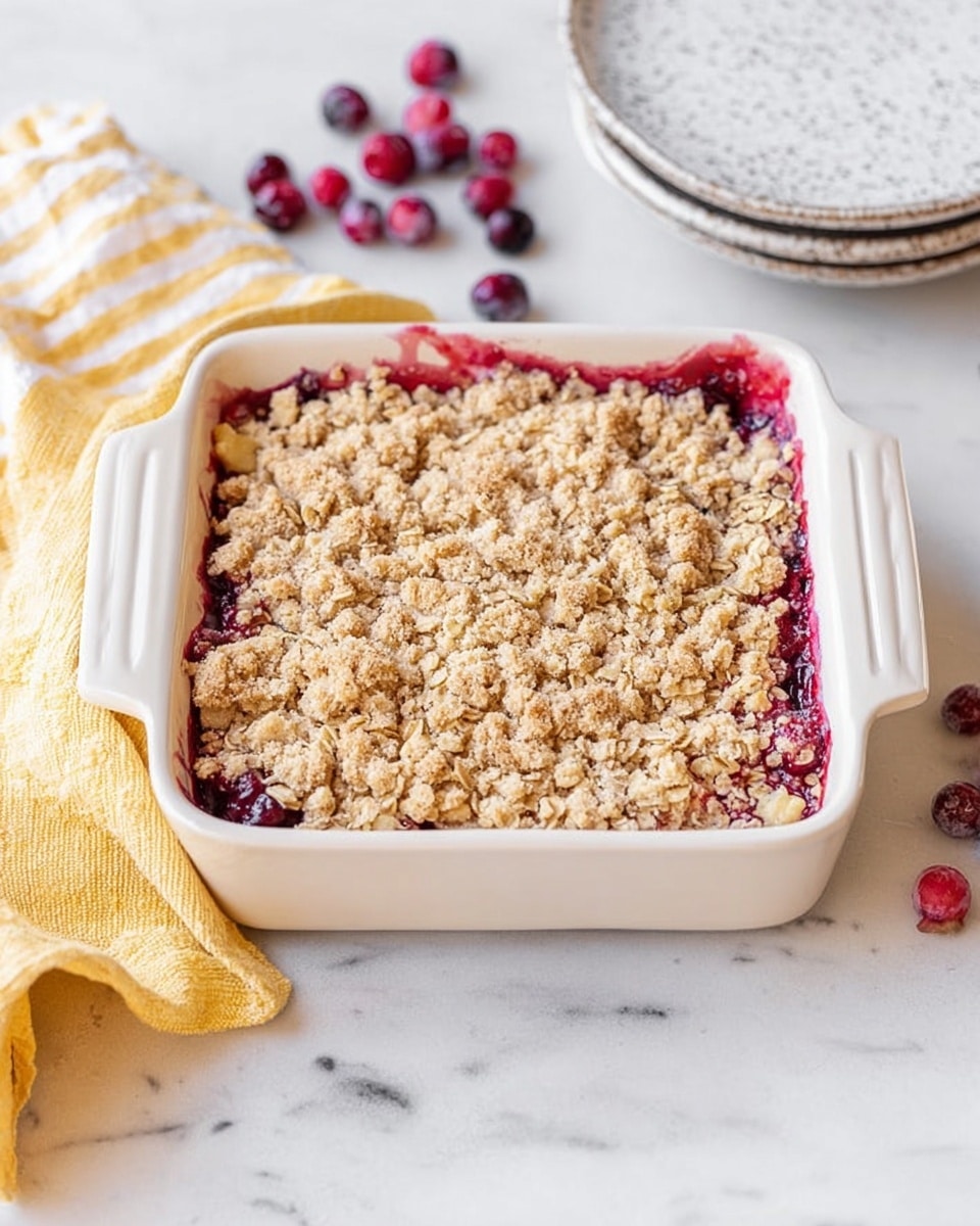 The image shows a square white baking dish with two visible layers: the bottom layer is a deep red-purple fruit filling that peeks slightly around the edges, and the top layer is a golden brown crumbly topping with oat-like clusters, giving a rough texture. The dish is placed on a white marbled surface with scattered red and purple berries to one side, and a folded yellow and white striped cloth nearby. Two white speckled plates are stacked in the background. The lighting is bright and natural, highlighting the textures of the crisp topping and juicy fruit filling. Photo taken with an iphone --ar 4:5 --v 7