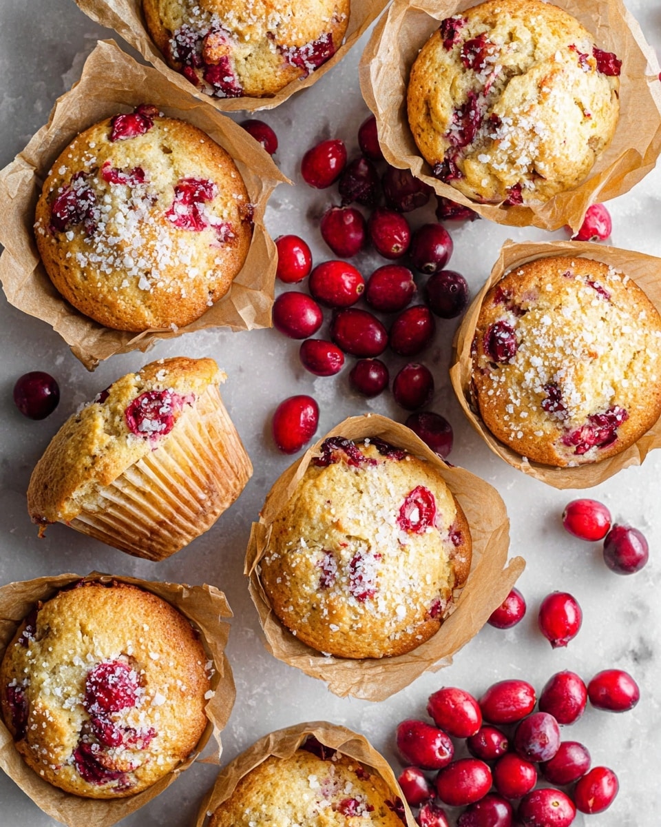 The image shows a white baking tray with nine golden-brown muffins filled with bright red cranberries that peek through the soft, textured tops. Some muffins are wrapped loosely in crinkled light brown parchment paper, adding a rustic feel. The golden muffin tops have a sprinkle of coarse sugar, creating a sparkling effect. Scattered around the muffins are fresh, shiny red cranberries both inside some empty muffin cups and resting on the white marbled surface that surrounds the tray. The whole scene is bright, fresh, and inviting, emphasizing the natural color contrast between the golden muffins and the red berries. Photo taken with an iphone --ar 4:5 --v 7