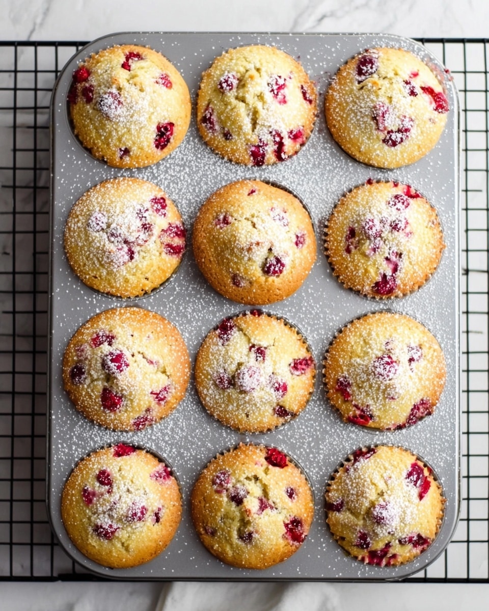 The image shows a white muffin tray filled with golden yellow muffins studded with bright red cranberries. The muffins have a slightly rough texture on top, sprinkled with coarse sugar that sparkles. One muffin in the center is taken out of the tray and placed on crinkled light brown parchment paper, showcasing its rounded top and soft crumb with visible cranberry pieces inside. Around the muffins, some fresh, shiny cranberries are scattered and placed inside empty muffin slots. The tray sits on a white marbled surface, creating a clean and bright background. Photo taken with an iphone --ar 4:5 --v 7