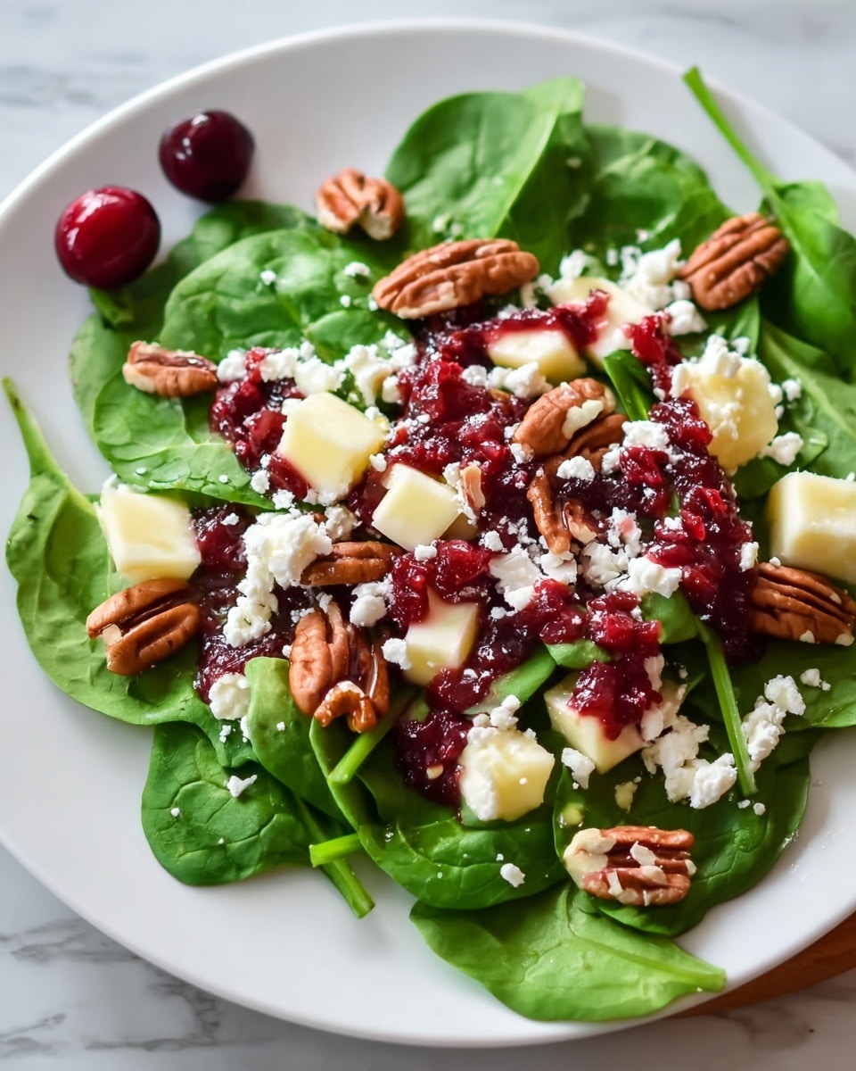 A white plate holds a fresh salad with a base layer of bright green spinach leaves. On top of the spinach are small cubes of pale yellow cheese and dollops of crumbly white cheese scattered evenly. Light brown pecans are spread throughout, adding texture. Bright red cranberry sauce is spooned over the salad in small mounds. Two whole, shiny, dark red cranberries rest on one side of the plate. The plate is set on a white marbled surface. photo taken with an iphone --ar 4:5 --v 7
