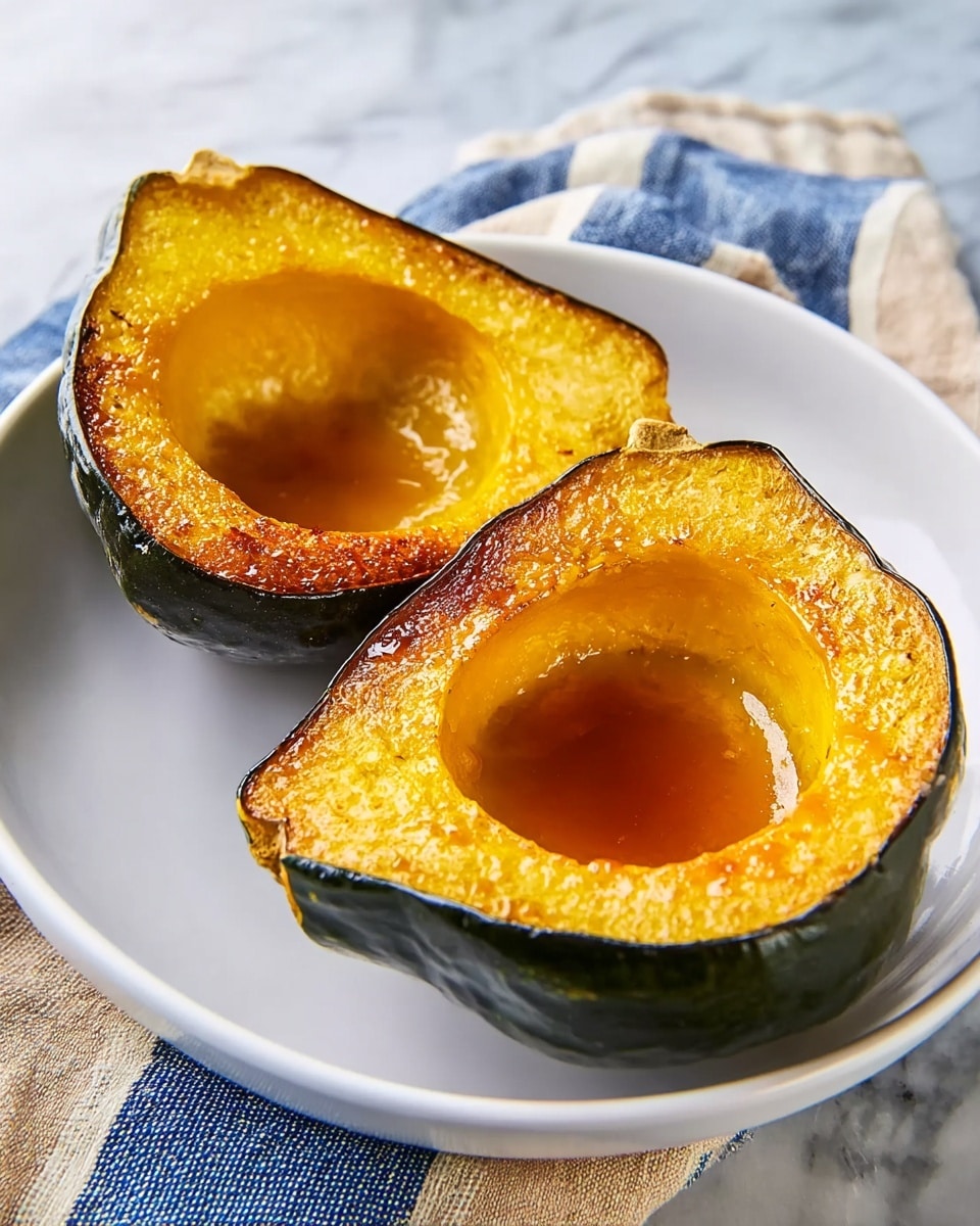 The image shows a roasted acorn squash sliced into eight sections but still connected at the base, placed on a white plate with colorful geometric patterns around the edge. The squash is bright orange with a slightly browned edge, and the surface texture looks soft and tender. In the center, a glossy brown syrup sauce pools with bits of white crumbly cheese sprinkled on top, creating a contrast in color and texture. The plate rests on a white marbled surface, and the warm lighting highlights the squash's rich colors and the syrup’s shine. Photo taken with an iphone --ar 4:5 --v 7
