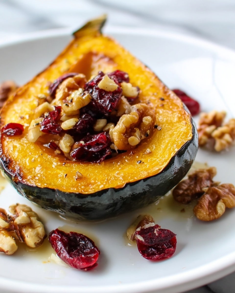 The image shows a close-up of a single roasted squash wedge with dark green skin and bright orange inside, placed on a white plate on a white marbled surface. The squash slice is topped with a mix of chopped walnuts and dried cranberries that add a shiny texture and reddish-brown color on top. Some pieces of walnuts and cranberries are also scattered around the squash on the plate, creating a neat and fresh look. The texture of the squash looks soft and slightly caramelized around the edges. photo taken with an iphone --ar 4:5 --v 7