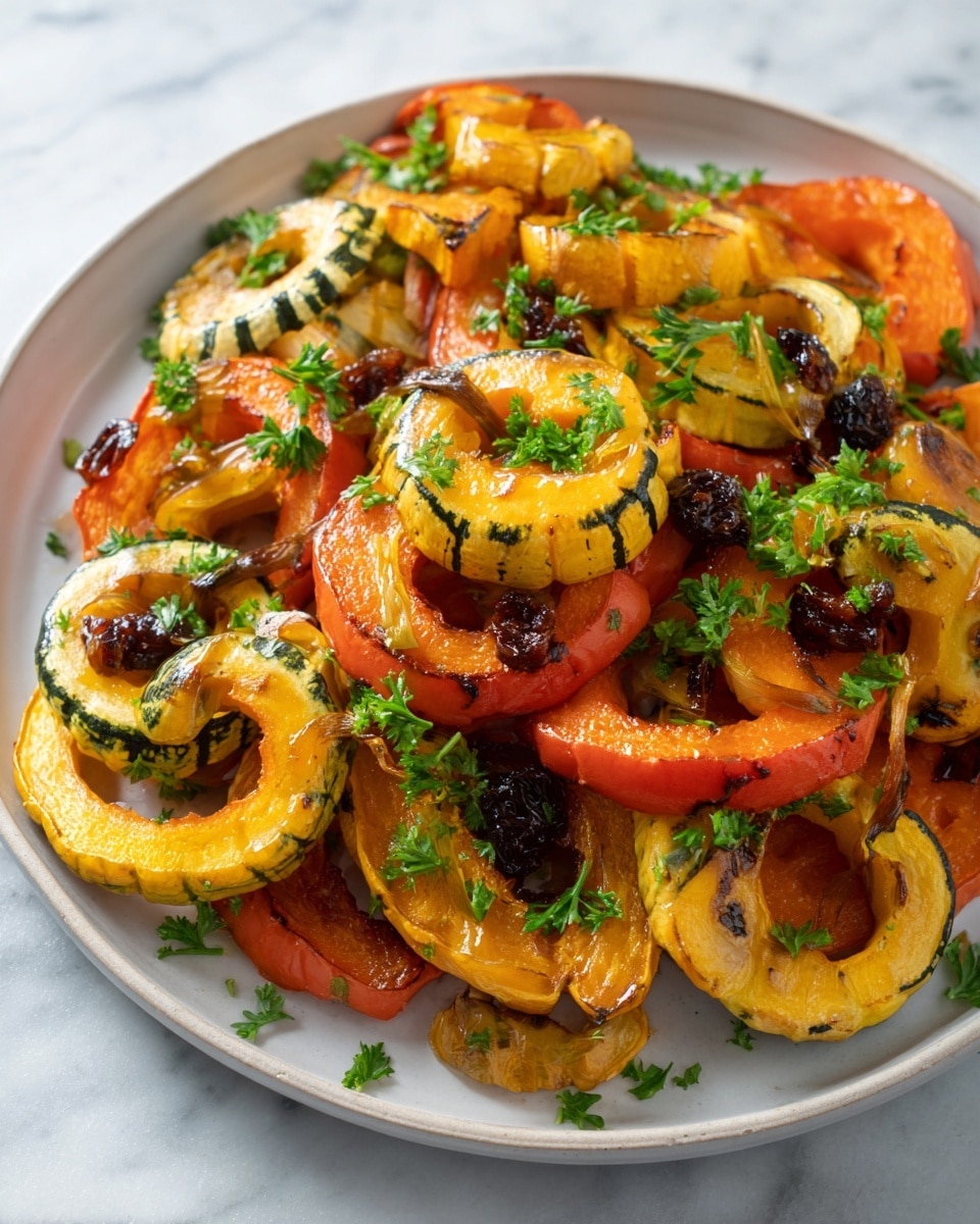 The image shows a white round plate filled with roasted vegetable slices arranged in a loose pile. The dish has two main layers: thick, bright orange roasted pumpkin wedges forming the base, and light yellow rings of delicata squash with green stripes floating on top. Scattered among the vegetables are small shiny dark brown raisins and bright green chopped parsley leaves, adding contrast and texture. The plate sits on a white marbled surface, and the lighting highlights the slightly caramelized, glistening surface of the roasted vegetables. Photo taken with an iphone --ar 4:5 --v 7