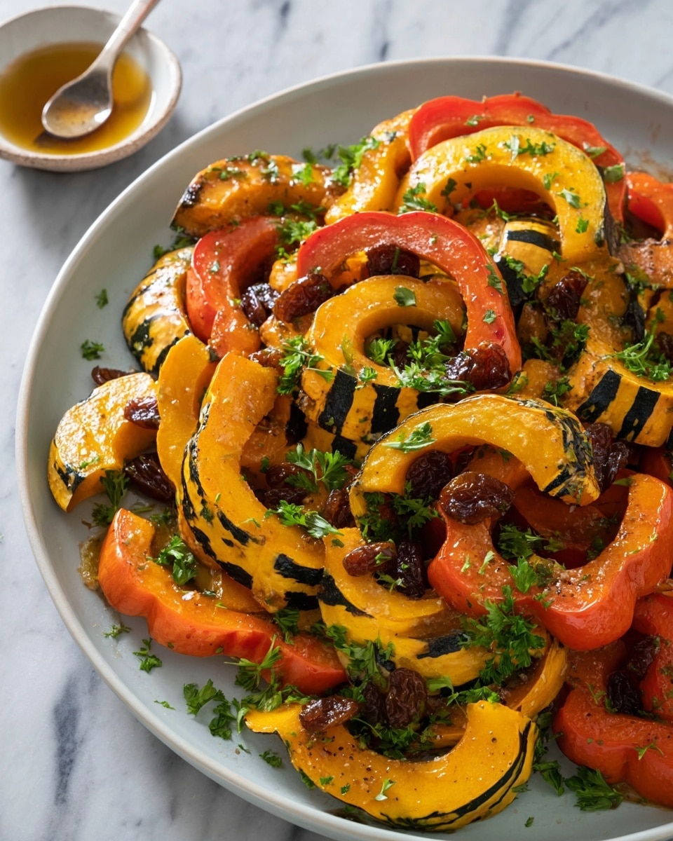 The dish shows many slices of roasted squash in two main colors: bright orange and pale yellow with dark green stripes. These curved squash pieces are arranged closely together in layers, with some pieces stacked on top of each other. Small brown raisins are scattered over the squash, adding a glossy and shiny texture. Fresh green sprigs of parsley sit on top, giving a fresh contrast to the warm colors of the roasted squash. The dish is placed on a white plate with a white marbled surface underneath. photo taken with an iphone --ar 4:5 --v 7