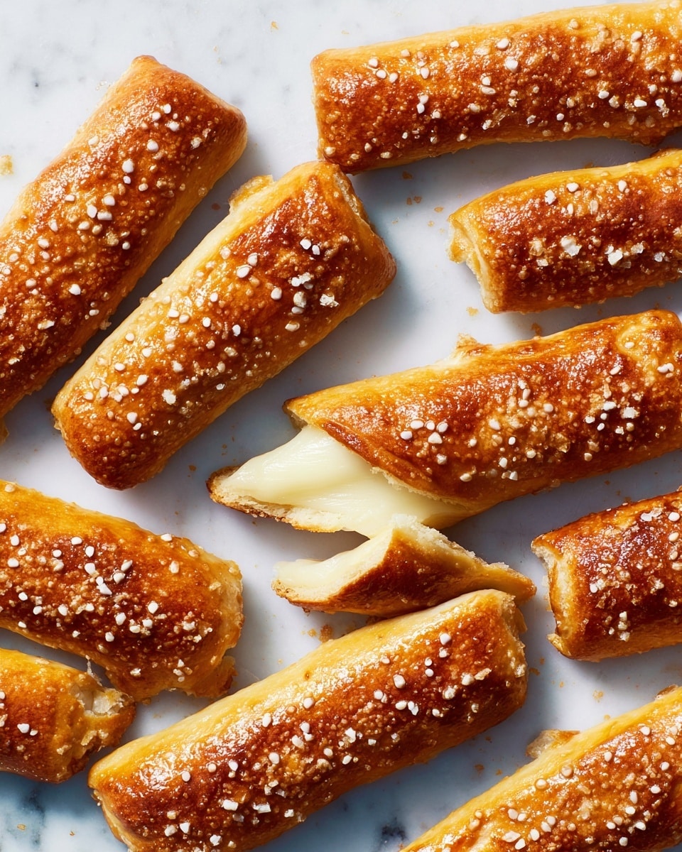 The image shows several golden brown soft pretzel sticks with a slightly crispy outside texture sprinkled with coarse white salt. One pretzel stick is broken in the middle, revealing stretchy, melted white cheese inside, pulling apart between the two halves. The background is a white marbled surface that contrasts with the warm tones of the pretzels, and the pretzels lay flat and close together in a scattered pattern. Photo taken with an iphone --ar 4:5 --v 7