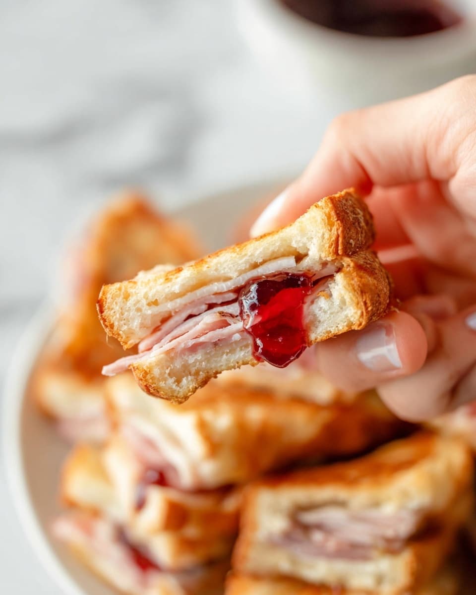 A white round plate holds eight golden-brown toasted rolls stacked in two layers, each roll showing a crispy toasted outer texture with some darker brown spots. Inside each roll, light pink slices of ham and melted creamy cheese layers are visible, with two rolls cut in half at the front to reveal the filling. On the plate's side rests a small white bowl filled with dark red berry jam, glossy and thick in texture. The plate sits on a soft, wrinkled pale green cloth with a white fringed edge, set against a white marbled surface. Photo taken with an iphone --ar 4:5 --v 7