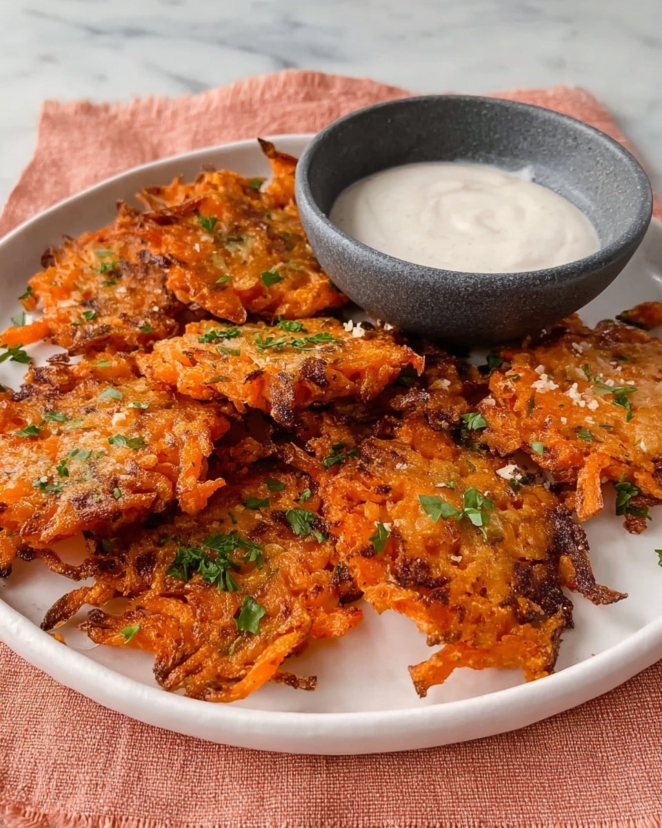 The image shows a white plate with several crispy orange carrot fritters that have a crunchy texture and are sprinkled with small green herb pieces, likely parsley. To the right side of the plate is a dark gray bowl filled with a smooth, creamy white dipping sauce. The plate rests on a soft peach-colored cloth, all set on a white marbled surface. The fritters look lightly browned with some small charred spots, giving a textured and appetizing appearance. Photo taken with an iphone --ar 4:5 --v 7