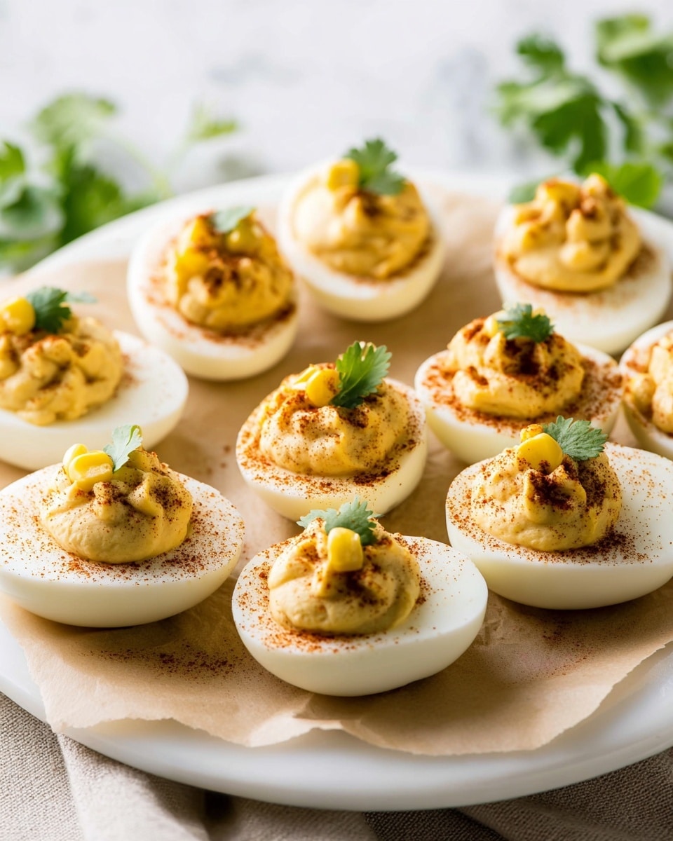 A white half of a boiled egg held between a woman's thumb and finger, with a smooth, creamy light yellow filling piled on top. The filling is sprinkled with dark red-brown seasoning and small pieces of white crumbly cheese. At the top, there are a few small bright yellow corn kernels. Behind the filling, a small green cilantro leaf adds color contrast. The background is a white marbled texture. Photo taken with an iphone --ar 4:5 --v 7