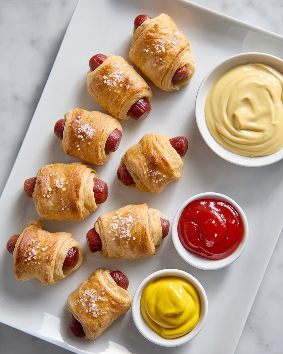 Small sausages wrapped in golden, flaky dough are scattered closely on a white marbled surface. Each sausage is wrapped with one visible layer of dough, sprinkled with large grains of salt. A woman's hand is dipping one of these wrapped sausages into a small white bowl filled with creamy, light yellow mustard sauce. The dough looks soft and fluffy with a slightly crispy texture. Photo taken with an iphone --ar 4:5 --v 7
