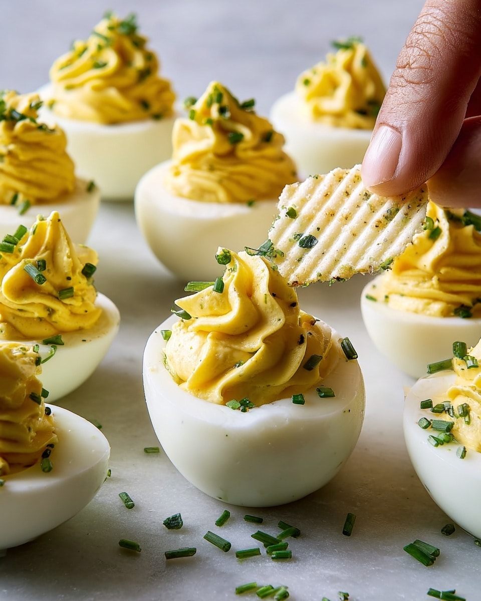 A close-up of a single half of a hard-boiled egg with a smooth white egg white base and a thick, yellow, creamy yolk mixture swirled on top, dotted with small green chive pieces. A woman's hand is dipping a ridged, square-shaped white chip with green herbs into the yolk mixture. More small green chive pieces are scattered on the white marbled surface beneath the egg half. The background is soft and blurred gray. photo taken with an iphone --ar 4:5 --v 7