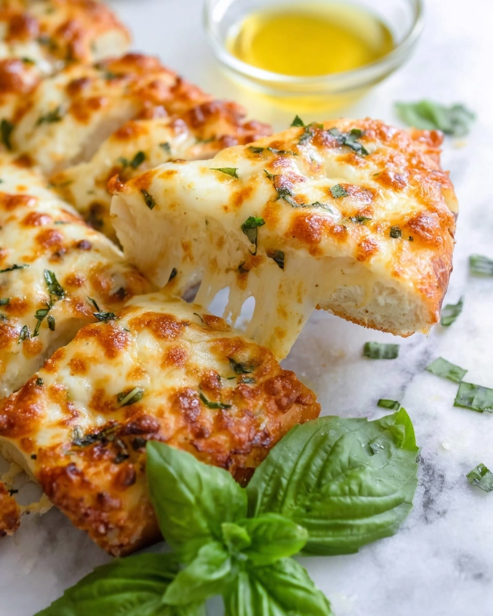 The image shows a close-up of a cheesy bread slice being lifted, revealing melted stretchy cheese between the slices. The bread has a golden, bubbly cheese layer on top with small bits of green herbs sprinkled everywhere. The bread base is soft and slightly thick with a light brown bottom. Fresh green basil leaves are placed around the bread on a white marbled surface, and behind the bread is a small clear glass dish with a yellow sauce inside. Photo taken with an iphone --ar 4:5 --v 7