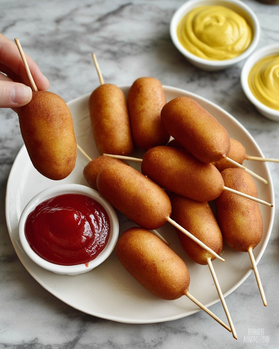 A white plate holds about ten golden-brown corn dogs, each on a pale wooden stick, arranged in a casual pile. One corn dog is being dipped into a small white bowl filled with thick, shiny red ketchup placed at the center of the plate. Behind the plate, there is another small white bowl with smooth yellow mustard. The scene is set on a white marbled surface, and a woman's hand is holding one of the corn dog sticks dipping it into the ketchup. photo taken with an iphone --ar 4:5 --v 7