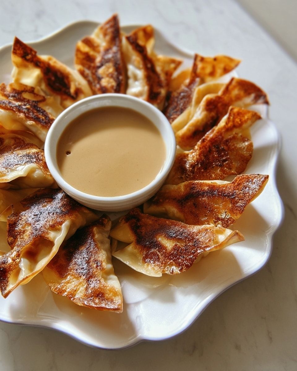 The image shows a white wavy-edged plate on a white marbled surface, holding a ring of golden-brown fried dumplings. The dumplings have crispy, browned edges and slightly blistered surfaces with a mix of lighter and darker shades. In the center of the plate is a small white bowl with a smooth light brown sauce that looks creamy and glossy. The soft lighting creates gentle shadows and highlights the textures of the dumplings and sauce. Photo taken with an iphone --ar 4:5 --v 7