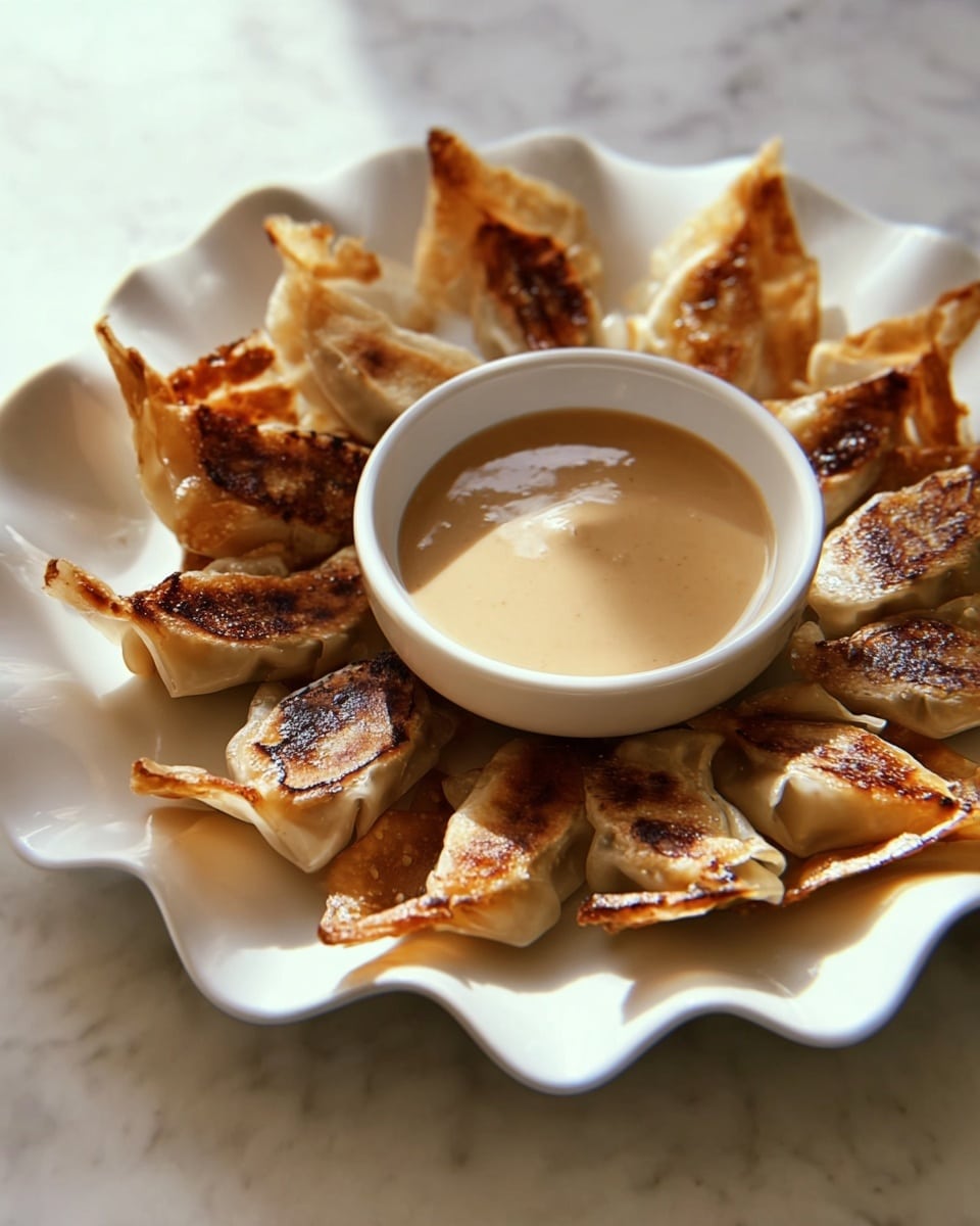 A white plate with wavy edges holds a circle of small, golden brown fried dumplings with some darker browned spots on their crispy skin. In the center of the plate, there is a small white bowl filled with a smooth, light tan dipping sauce. The plate is set on a white marbled surface with soft shadows, showing a cozy and warm light. photo taken with an iphone --ar 4:5 --v 7