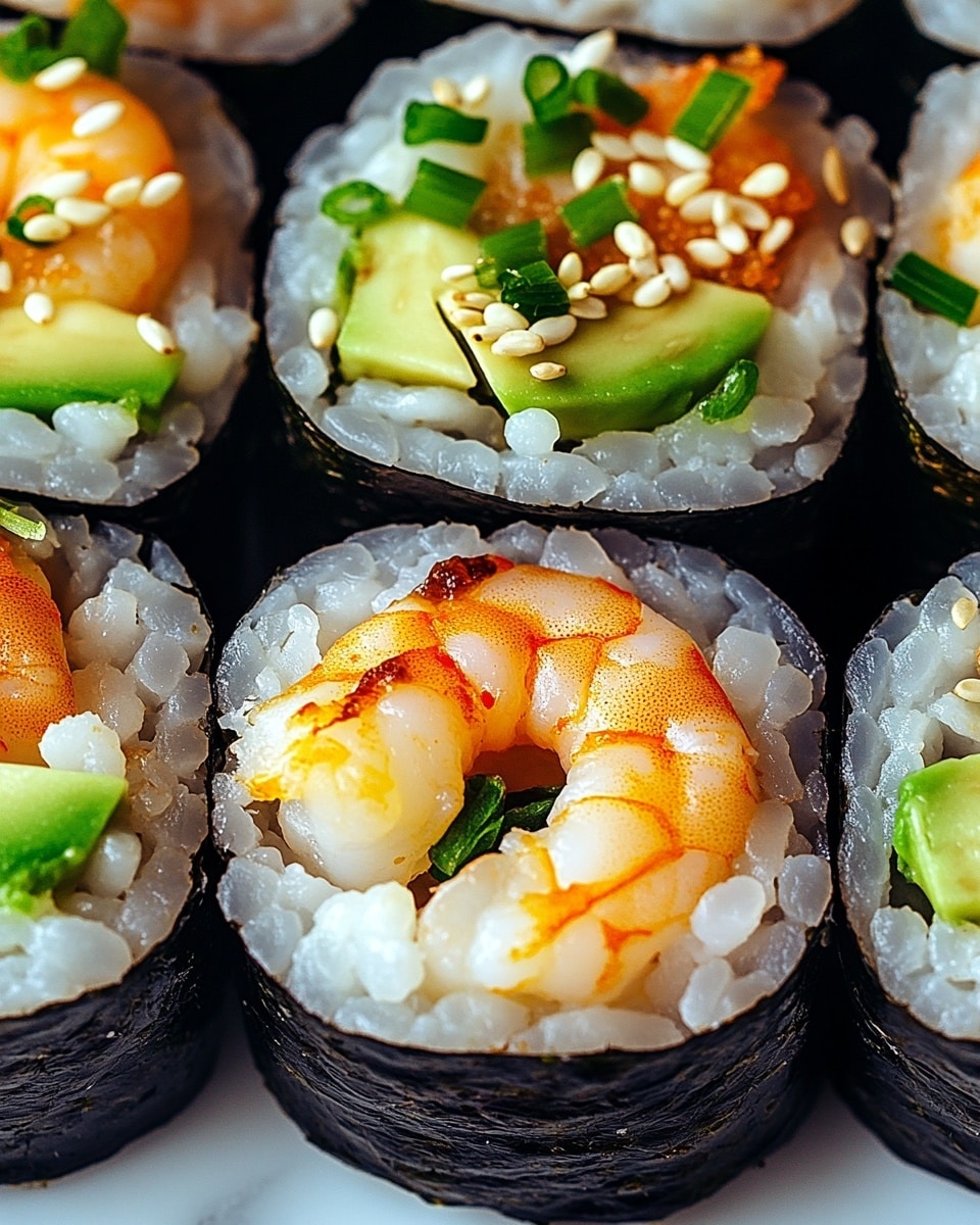 The image shows a close-up of sushi rolls with three clear layers: a dark green seaweed wrap at the bottom, a middle layer of white rice with bright green slices of avocado, and a top layer of shiny, orange grilled shrimp. The shrimp are garnished with small green chopped herbs and a mix of white and black sesame seeds, adding texture and color. The sushi pieces are set on a white marbled surface, which gives a clean and fresh look to the presentation. Photo taken with an iphone --ar 4:5 --v 6.1