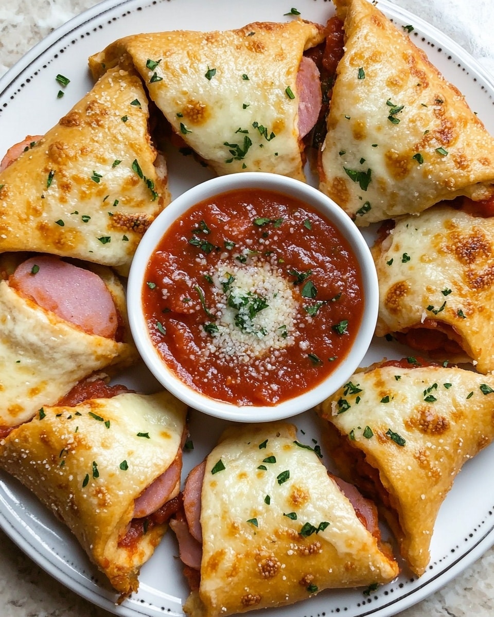 A white plate holds eight folded pieces of golden-brown bread, each layered with melted cheese and reddish slices of cured meat, seasoned with green herbs sprinkled on top. In the center of the plate is a small white bowl with a blue rim, filled with thick red marinara sauce topped with white grated cheese and bits of green herbs. The plate is set on a white marbled surface. photo taken with an iphone --ar 4:5 --v 6.1