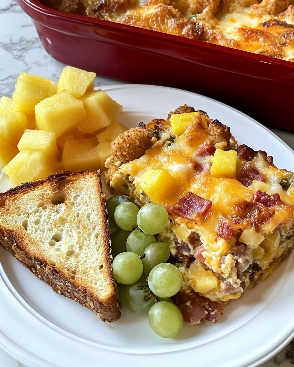 The image shows a white plate with three main sections: a triangular piece of toasted bread with a patch of melted butter on top in the left corner, a colorful mix of fruit chunks including yellow pineapple, orange cantaloupe, green honeydew, green grapes, and red grapes arranged in a small pile next to the toast, and a thick, square slice of baked casserole on the right side. The casserole has a crispy golden top layer with scattered small, round tater tots and bits of browned bacon, melting shredded cheese, and a textured inner part showing visible pieces of potato and meat. The plate sits on a white marbled surface with a red casserole dish filled with more of the baked casserole partially visible in the background. Photo taken with an iphone --ar 4:5 --v 6.1