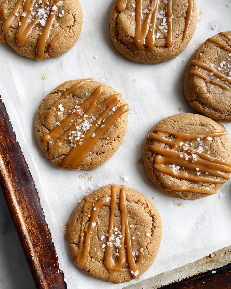 The image shows five round cookies placed directly on white parchment paper on a baking sheet with a dark wooden edge. Each cookie has a light brown color with a slightly cracked surface, and they are decorated with drizzles of smooth, light caramel-colored sauce unevenly spread on top. Fine white flakes, likely salt, sprinkle over the sauce, adding texture contrast. The overall look is rustic with a slightly glossy finish on the drizzle, and the cookies are grouped close together on the sheet. Photo taken with an iphone --ar 4:5 --v 7
