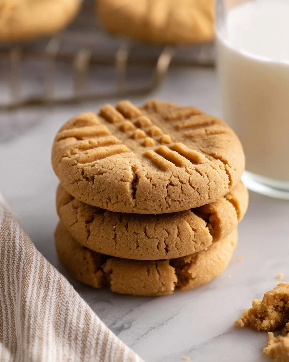 A stack of three light brown peanut butter cookies with crisscross fork marks on the top cookie sits on a white marbled surface. The cookies have a slightly rough texture with small cracks and are thick but flat. To the right, there is a clear glass of milk, partly visible and filled almost to the top. In the background, the edge of a line of more cookies on a cooling rack can be seen, along with a cloth that has soft beige and white stripes. photo taken with an iphone --ar 4:5 --v 7