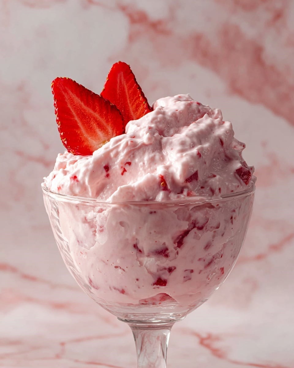 A clear glass bowl filled with a fluffy, pale pink creamy mixture with small chunks of strawberries mixed throughout, creating a textured look. Two fresh, sliced strawberries are placed on the side inside the bowl near the rim. A spoon is lifting a large scoop of the creamy mixture out of the bowl, showing its thick, smooth, and slightly chunky texture. The bowl sits on a white marbled surface with a soft pinkish background. Photo taken with an iphone --ar 4:5 --v 7