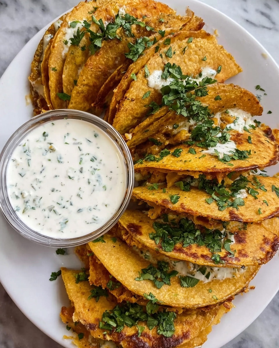 A white square plate sits on a white marbled surface holding a meal with three main parts: a pile of smooth, thick brown refried beans spread flat on the bottom right, a stack of golden brown fried tortillas sprinkled with chopped green herbs at the top left, and a small round white cup filled with creamy white sauce near the top left edge. In the foreground, a woman's hand with pale pink nails and white tips is pulling apart one golden fried tortilla filled with melted, stretchy white cheese, with bits of green herbs on the tortilla. The fried tortillas have a crispy texture with darker golden spots, and the cheese stretches between the separated pieces. Photo taken with an iphone --ar 4:5 --v 7