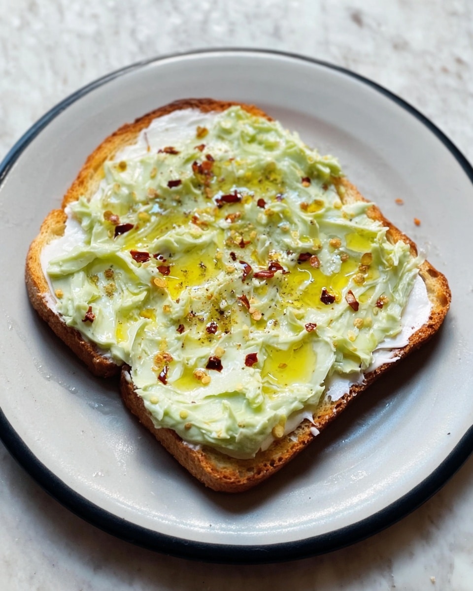 A close-up of a toasted slice of brown bread placed on a white plate, layered first with a thick spread of white cream cheese, then topped with a layer of mashed pale green avocado being spread with a silver fork. A woman's hand with pink nail polish holds the edge of the plate. The background is a white marbled surface. Photo taken with an iphone --ar 4:5 --v 7