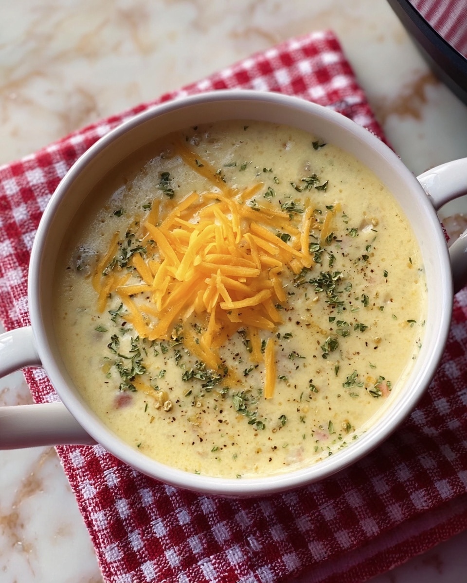 The image shows a thick creamy soup served in a white bowl with handles. The soup has a pale yellow color with small bits of vegetables or herbs mixed in, giving the surface a slightly textured look. On top of the soup, there is a small pile of shredded orange cheese placed in the center. Around the cheese, green dried herbs are sprinkled evenly, adding a touch of color contrast. The bowl is placed on a white marbled surface with a red and white checkered cloth partially underneath it. Photo taken with an iphone --ar 4:5 --v 7