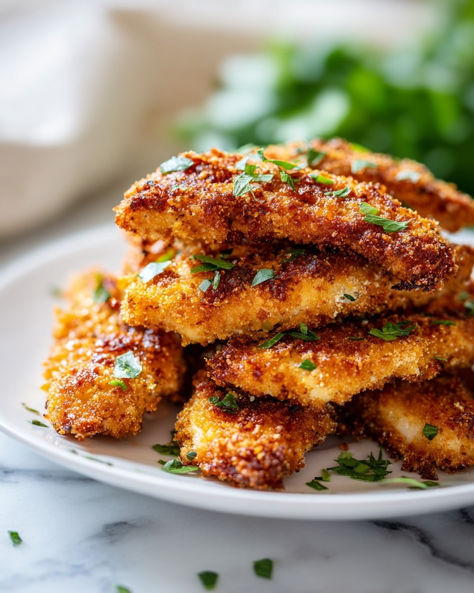 A white plate filled with several crispy golden-brown breaded chicken tenders stacked on top of each other, each tender showing a crunchy texture with a mix of darker and lighter golden spots. Small pieces of green herbs are sprinkled over the chicken and scattered on the white marbled surface around the plate. The background is softly blurred with some green leafy herbs visible. Photo taken with an iphone --ar 4:5 --v 7