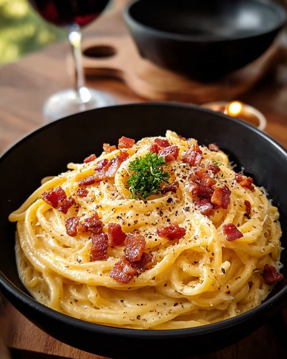 A black bowl filled with creamy yellow pasta mixed evenly with sauce, topped with small pieces of crispy reddish-brown bacon scattered on the surface, sprinkled with finely grated white cheese and black pepper, and finished with a small green parsley garnish in the center. The bowl is placed on a wooden surface with a glass of red wine and another black bowl partly visible in the blurred background. Photo taken with an iphone --ar 4:5 --v 7
