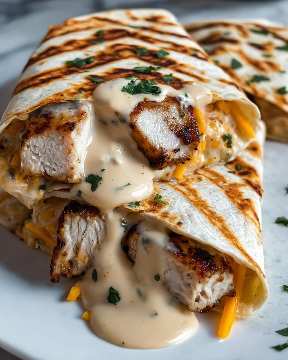 The image shows two folded tortillas with grill marks, each filled with sliced, cooked chicken pieces that are white with brown edges. The tortillas have a light tan color with darker brown grill lines. Inside and on top of the tortillas, there is melted cheddar cheese with an orange color, and a creamy sauce with a light beige tone that covers the chicken and cheese, dripping slightly onto the white plate below. Small green herb pieces are sprinkled over the sauce and tortillas. The dish is on a white plate placed on a white marbled surface. photo taken with an iphone --ar 4:5 --v 7