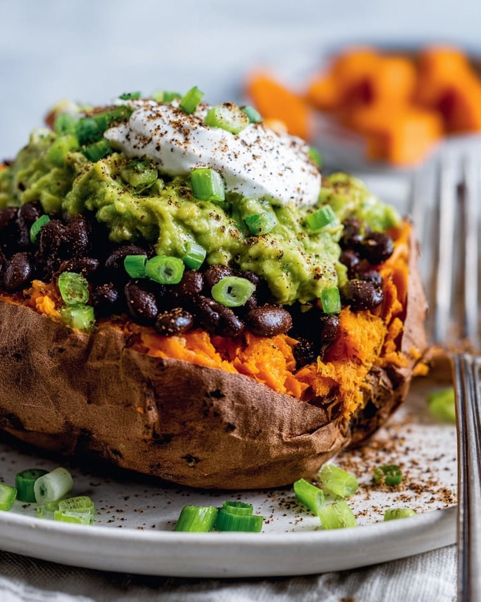 The image shows a baked sweet potato on a white plate with white marbled texture underneath. The potato skin is rough and brown, opened to reveal bright orange soft mashed sweet potato inside. On top, there are several layers: a green chunky avocado mixture with a smooth but thick texture, black beans scattered across the avocado, and a dollop of white sour cream with a sprinkle of dark chili powder or paprika on top. There are green chopped scallions sprinkled over the potato and toppings. On the side, a fork holds a small scoop of the orange sweet potato. The photo taken with an iphone --ar 4:5 --v 7