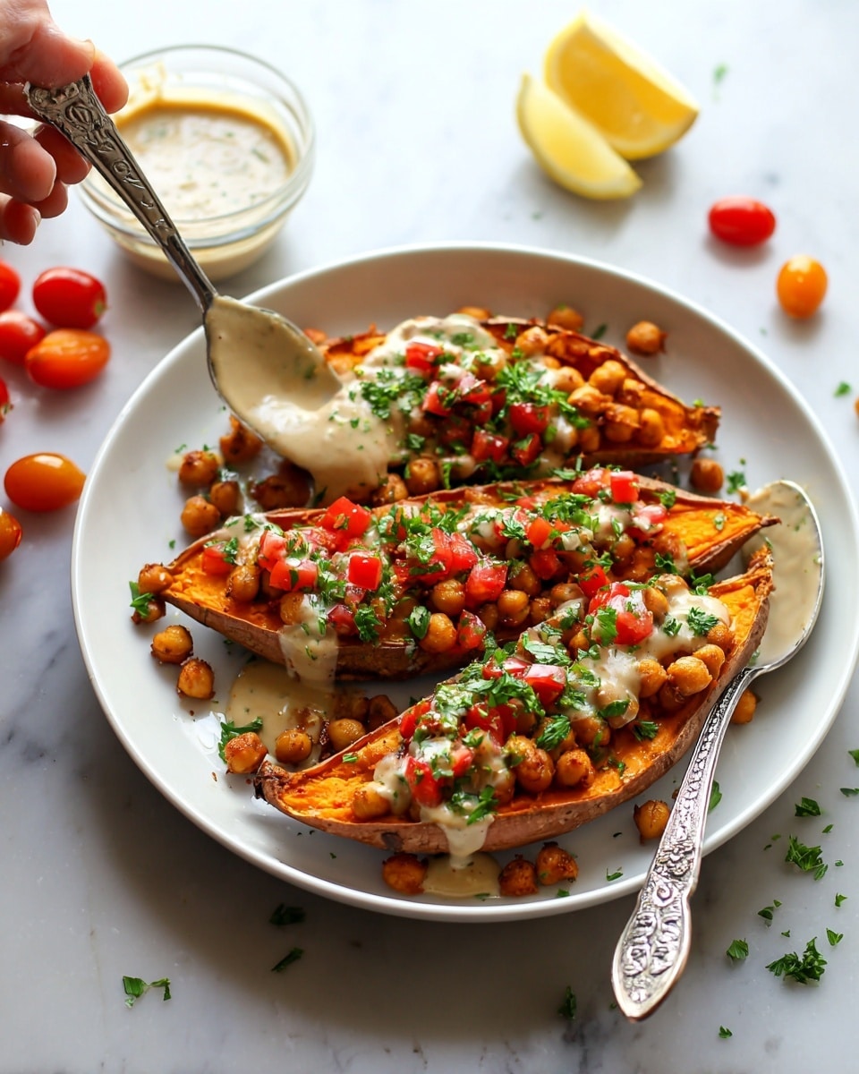 The dish has a white bowl filled with three large orange roasted sweet potato wedges at the bottom layer. On top of the sweet potatoes, a layer of golden brown roasted chickpeas is spread evenly. A woman's hand is holding a spoon above the bowl, pouring a creamy light beige sauce with green herbs over the sweet potatoes and chickpeas. Small green herb pieces are scattered around the bowl edges. In the background, there is another white plate with similarly prepared food, topped with fresh green herbs and diced red tomatoes, placed on a surface with a white marbled texture. Photo taken with an iphone --ar 4:5 --v 7
