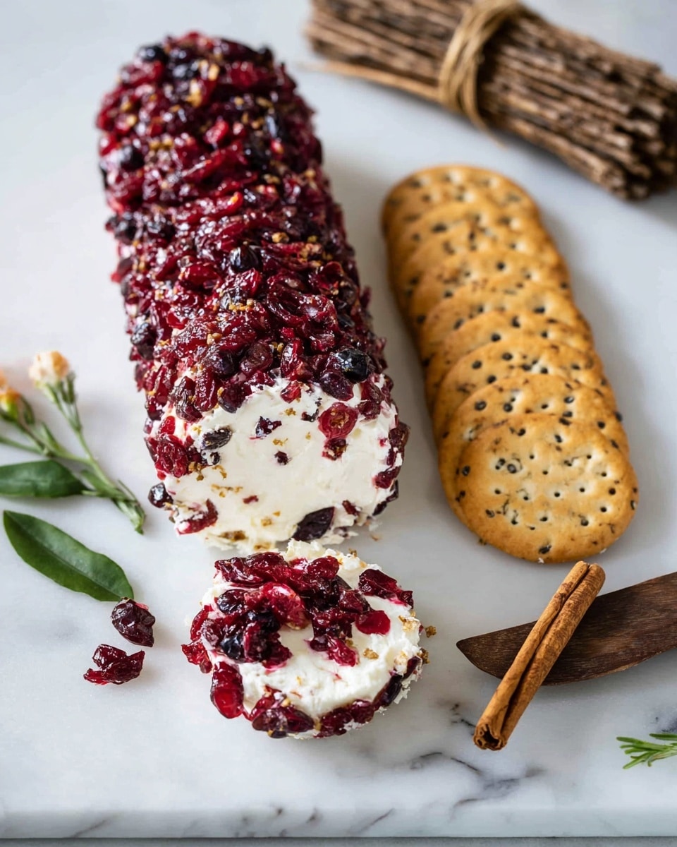 The image shows a white log of cheese covered in bright red dried cranberries. One slice of the cylindrical cheese is placed on a round white cracker with seeds, where the cheese is smooth and white, and the cranberries stick to its edge. Around the cheese log, several white seed crackers are arranged in a semi-circle on a white marbled surface. Near the cheese and crackers, there are two cinnamon sticks lying parallel and a small green leafy herb branch adding a fresh touch. The photo taken with an iphone --ar 4:5 --v 7