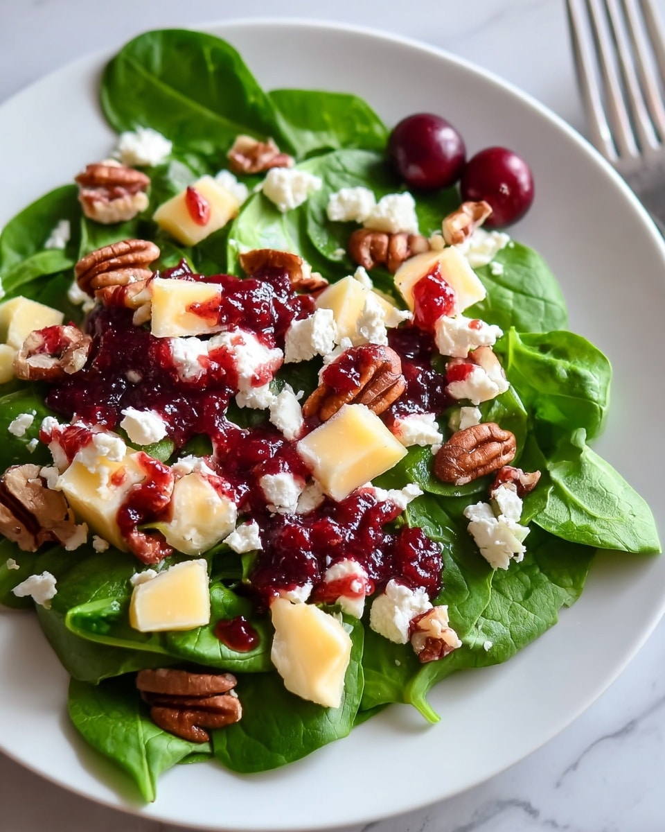 The image shows a fresh salad with a base layer of bright green spinach leaves spread evenly on a white plate. On top of the leaves are chunks of pale yellow cheese, dark brown pecan halves, and white crumbled cheese pieces scattered throughout. Deep red sauce or dressing is drizzled over the salad, with two whole dark red cranberries placed on the side. The plate is on a white marbled surface with soft natural light. photo taken with an iphone --ar 4:5 --v 7