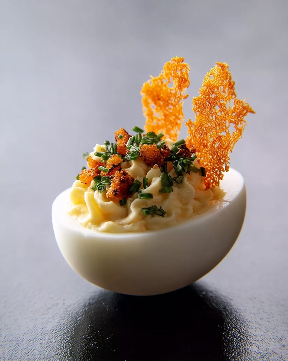 A single half of a hard-boiled egg is shown on a smooth white marbled surface, with a mound of creamy light yellow filling inside the egg white. The filling is topped with small bits of orange crispy bacon, finely chopped green herbs, and black peppercorn pieces. Two thin, bright orange, crispy cheese wafers stand upright at the back of the filling, adding texture and height. The overall look is clean and simple, with soft and crunchy textures. Photo taken with an iphone --ar 4:5 --v 7