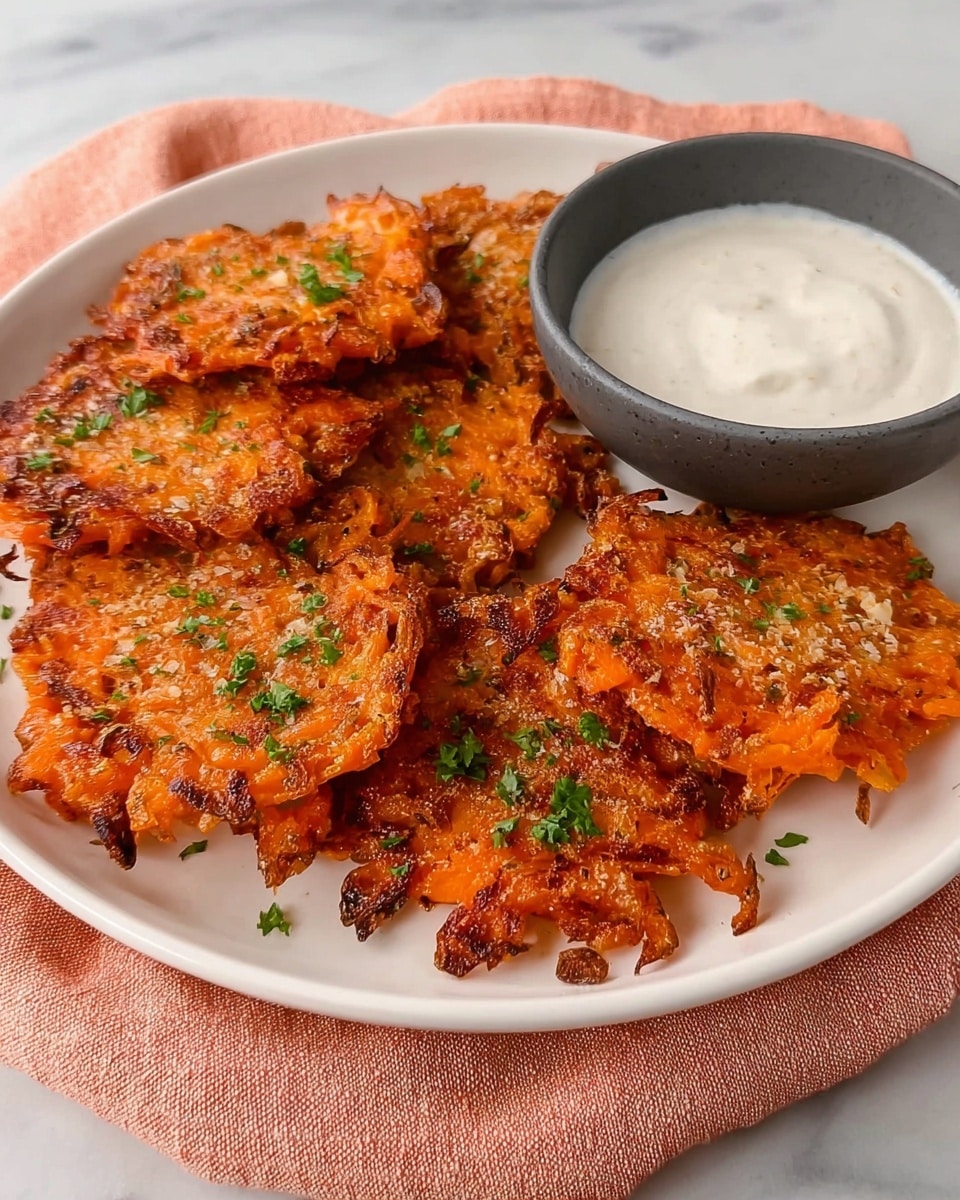 The image shows a white plate with a pile of orange, crispy carrot fritters, topped with small green parsley pieces. Next to the fritters, there is a small gray stone bowl filled with smooth white dipping sauce. The plate sits on a soft peach-colored cloth with a white marbled surface underneath. The texture of the fritters looks crunchy with bits of crispy edges and a soft inside. Photo taken with an iphone --ar 4:5 --v 7