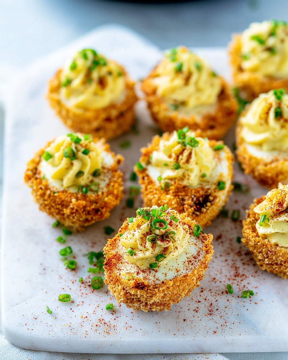 The image shows deviled eggs arranged close together on a white marbled surface. Each egg has a crisp, golden breadcrumb outer layer with a slightly rough texture, creating the base layer. The top surface of the egg white is smooth and pale. The second layer is a creamy yellow yolk filling piped in a small mound on each egg, topped with small green chive pieces scattered over the yolk and a light dusting of reddish paprika powder. The focus is on the front deviled egg with others softly blurred in the background. photo taken with an iphone --ar 4:5 --v 7
