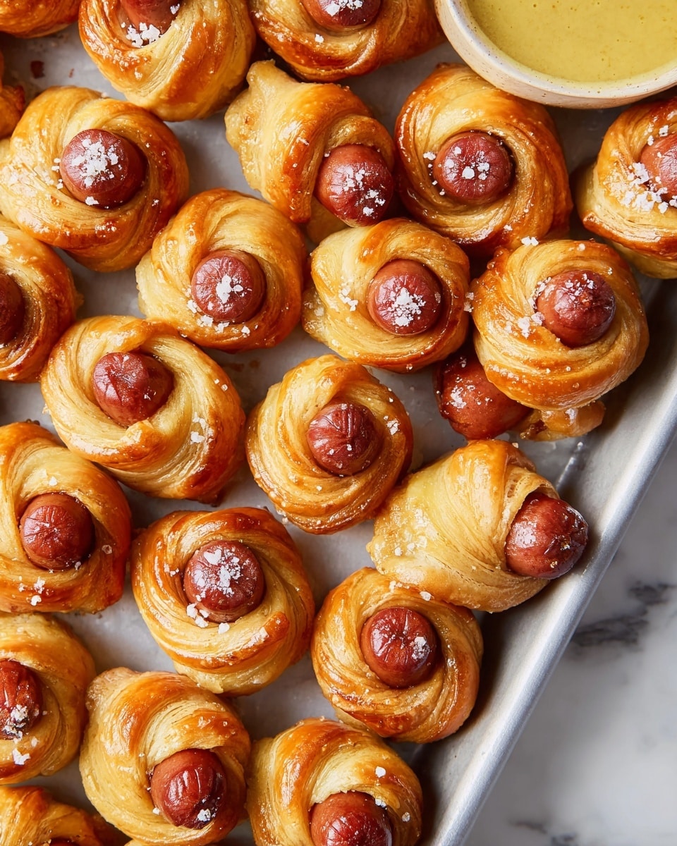 The image shows a white rectangular plate on a white marbled surface, holding eleven small sausage rolls each wrapped in light golden brown pastry sprinkled with coarse salt. Each roll has a visible dark reddish-brown sausage end peeking out from the pastry. At the top of the plate, there is a small white round bowl filled with pale yellow creamy sauce. At the bottom right of the plate, there are two small white round bowls side by side, one filled with bright red ketchup and the other with smooth yellow mustard. The sauces have a glossy texture, and the plate is neatly arranged without clutter photo taken with an iphone --ar 4:5 --v 7