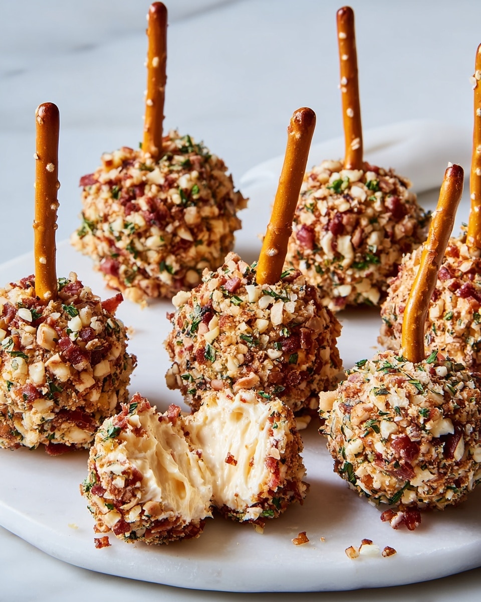 Several round cheese balls covered completely with finely chopped bits of reddish bacon, green herbs, and light tan nuts, all standing upright with long golden brown pretzel sticks inserted in the center. One cheese ball is slightly broken open, showing a soft, pale yellow creamy cheese inside. The cheese balls are placed directly on a white marbled surface, with some small bits scattered around them. The background is simple and light, highlighting the cheese balls and pretzels clearly. Photo taken with an iphone --ar 4:5 --v 7