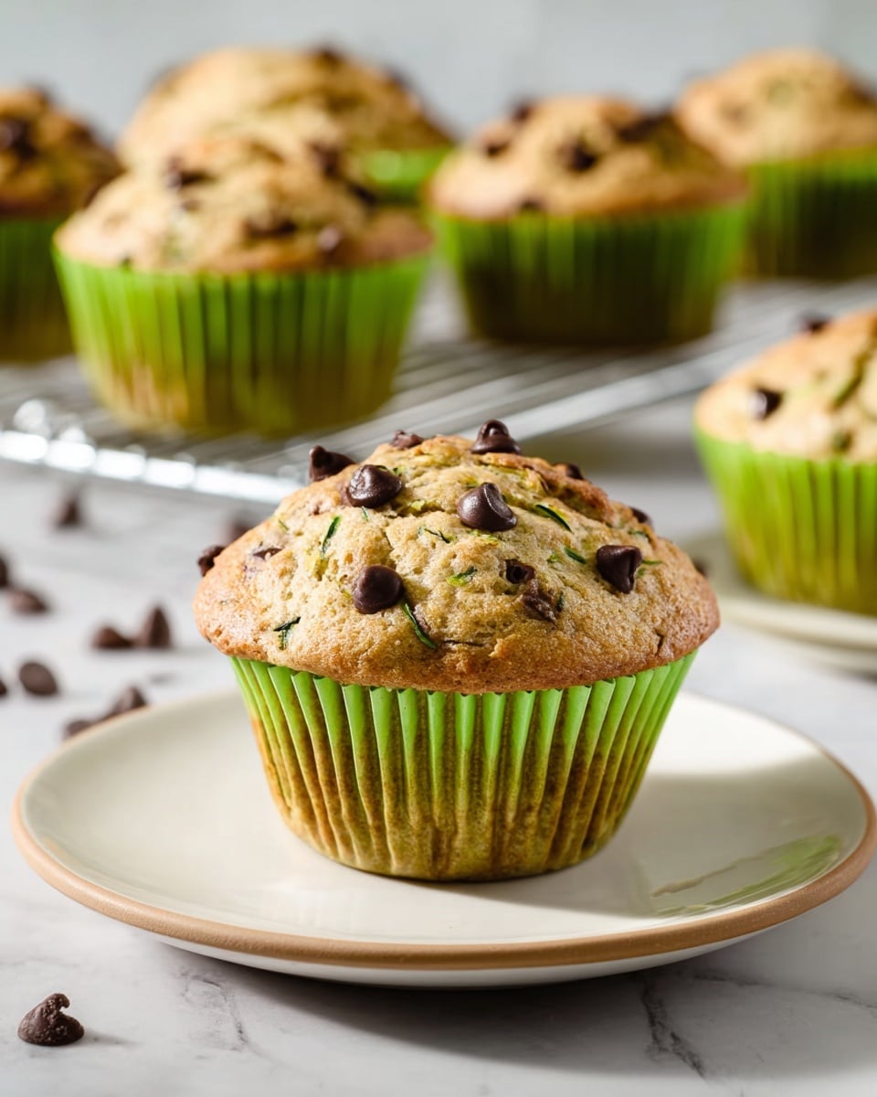 A soft muffin with a light golden top dotted with dark chocolate chips, sitting in a green paper cup liner. The muffin has a textured surface showing bits of green zucchini inside the batter, giving a slightly speckled look. It is placed alone on a simple white plate with a faint beige rim, against a white marbled surface. In the background, there are more muffins of the same kind in green liners, arranged on a metal cooling rack, with some loose chocolate chips scattered around. The lighting casts soft shadows, emphasizing the muffin's moist texture. photo taken with an iphone --ar 4:5 --v 7