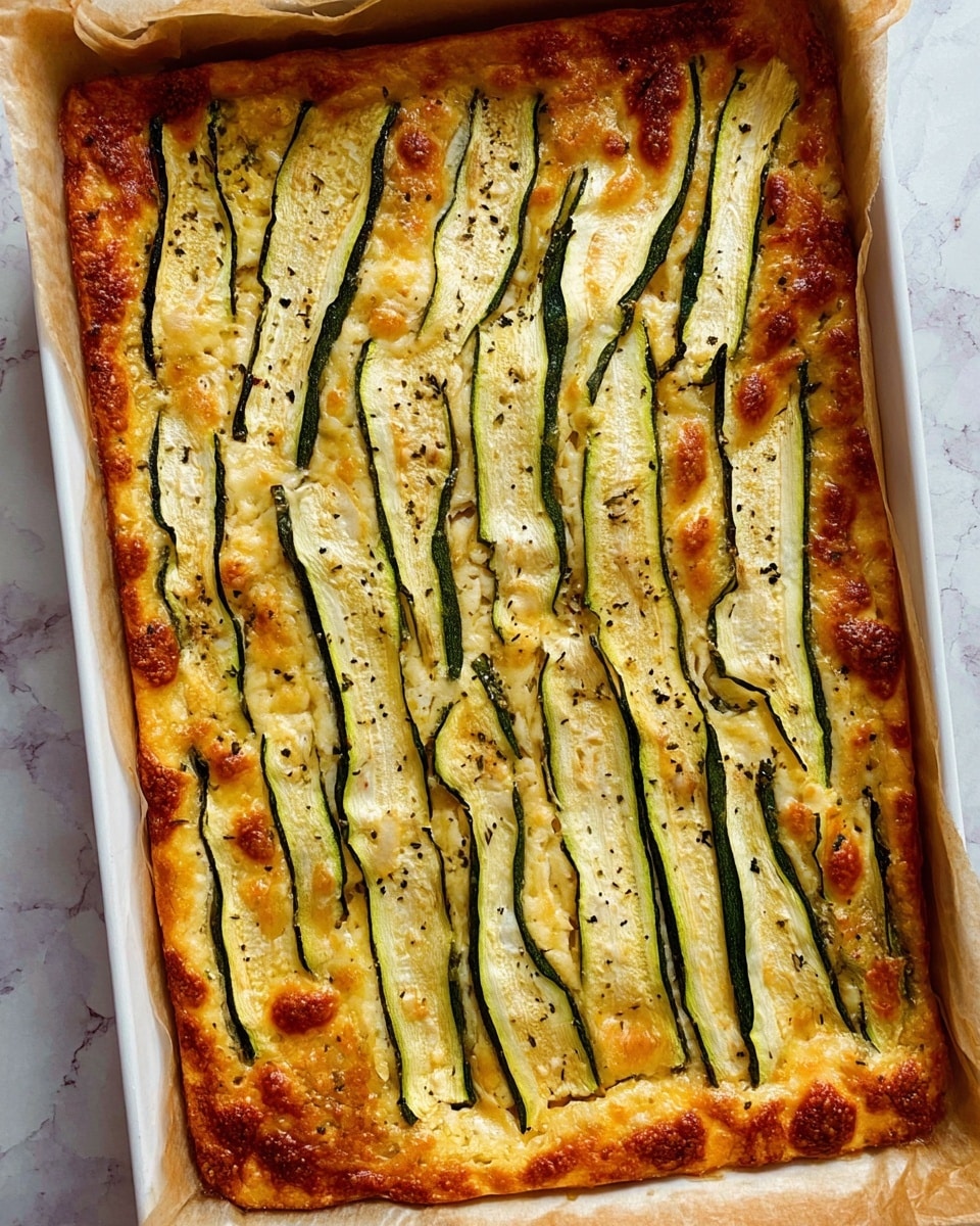 A rectangular baked dish in a white tray lined with parchment paper features a golden brown crust topped with thin, long slices of zucchini arranged vertically, slightly overlapping in some places. The zucchini slices are light green with dark green edges and are sprinkled with small black specks of seasoning. The crust underneath is bubbly and has a textured surface with some browned spots indicating a baked cheese or sauce layer. The whole dish is placed on a white marbled surface. photo taken with an iphone --ar 4:5 --v 7