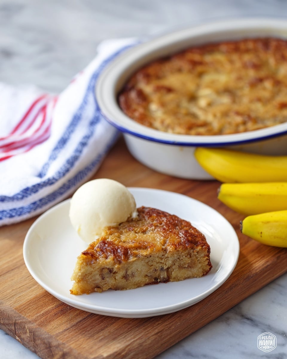 A white plate sits on a white marbled surface holding one triangular slice of golden brown baked banana bread pudding with a soft, moist texture showing bits of banana inside. Next to the slice is a smooth round scoop of creamy white vanilla ice cream slightly melting onto the plate. In the back, a white round baking dish with a blue rim contains the remaining banana bread pudding with a browned top. Two yellow bananas and a folded white cloth with red and blue stripes are placed behind the baking dish. Photo taken with an iphone --ar 4:5 --v 7